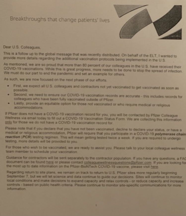 Ujawnione dokumenty ujawniają, że firma Pfizer nie nakazuje szczepień dla swoich pracowników
